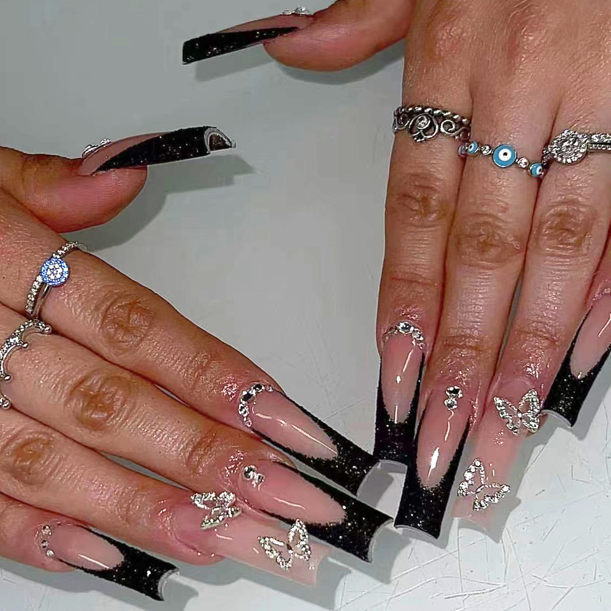 Nail Art Press On - 24 pièces noir français faux ongles